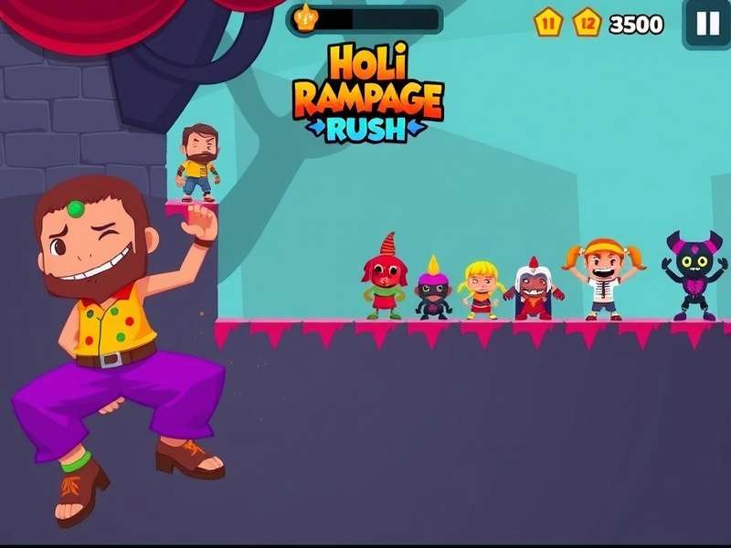 Holi Rampage Rush gameplay screenshot showing colorful characters