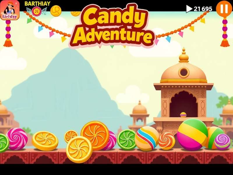 Candy Adventure gameplay screenshot showing colorful candy pieces and Indian-themed backgrounds