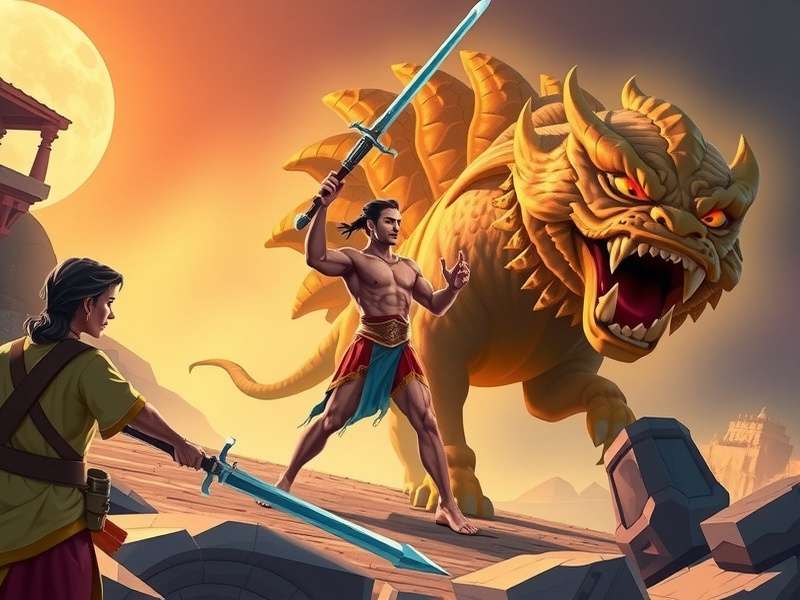 Valorous Trek story scene showing protagonist facing mythological creature