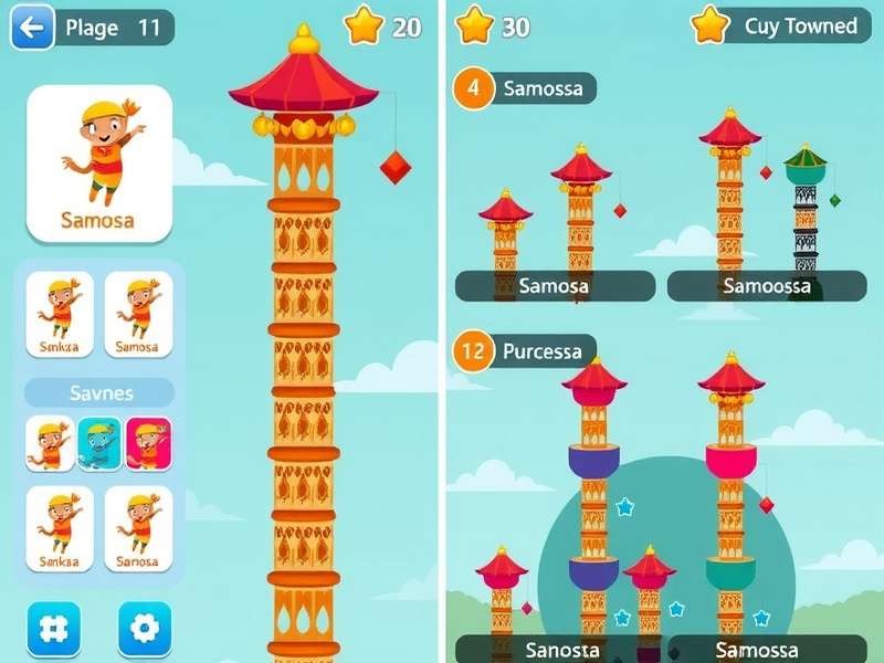 Samosa Helix Leap level progression showing different tower designs