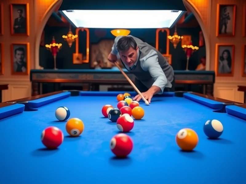 Pool Star game table setup with balls and cues