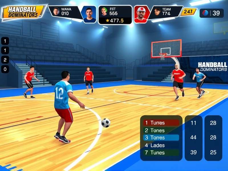 Handball Dominators gameplay screenshot showing realistic court and players