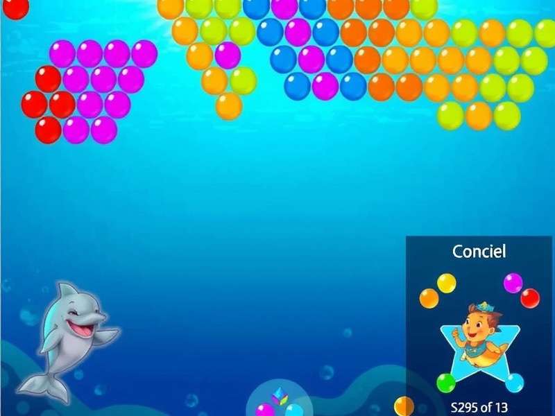 Dolphin Bubble Bliss gameplay screenshot showing colorful bubbles and dolphin character