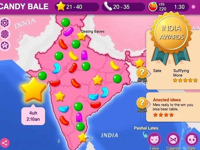 Candy Bliss India Discovery regional map showing different Indian states with unlockable levels