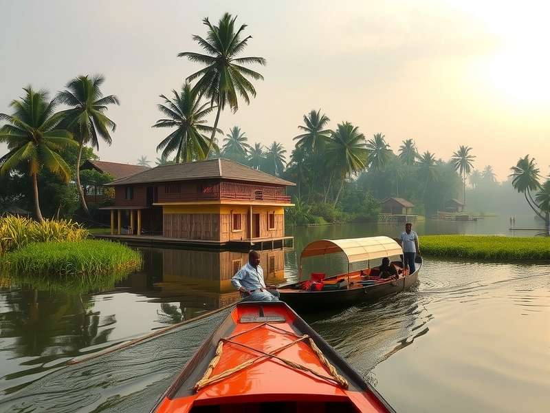 Kerala Backwaters landscape with houseboats