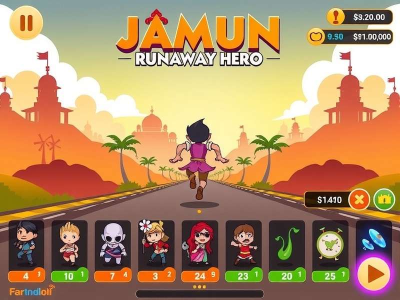 Jamun Runaway Hero gameplay screenshot showing character running through colorful Indian landscape