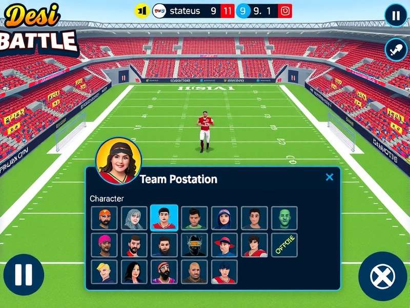 Desi NFL Grand Battle team management interface showing strategic options
