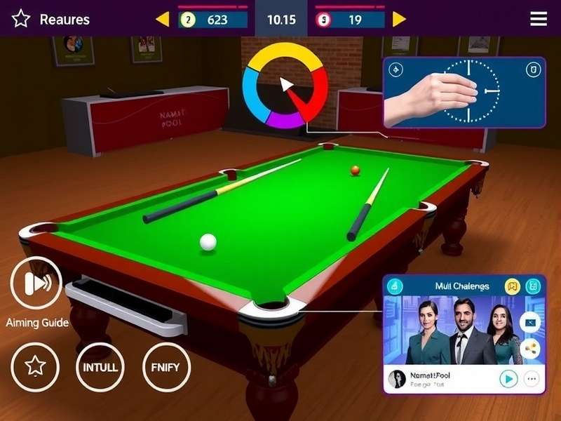 Namaste Pool Star gameplay screenshot showing realistic billiards table and controls