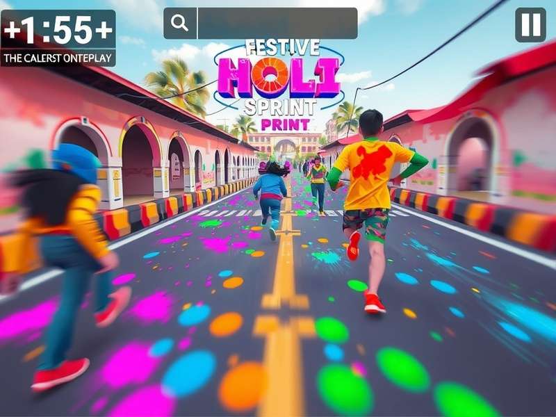 Festive Holi Sprint gameplay showing colorful characters running through vibrant environments