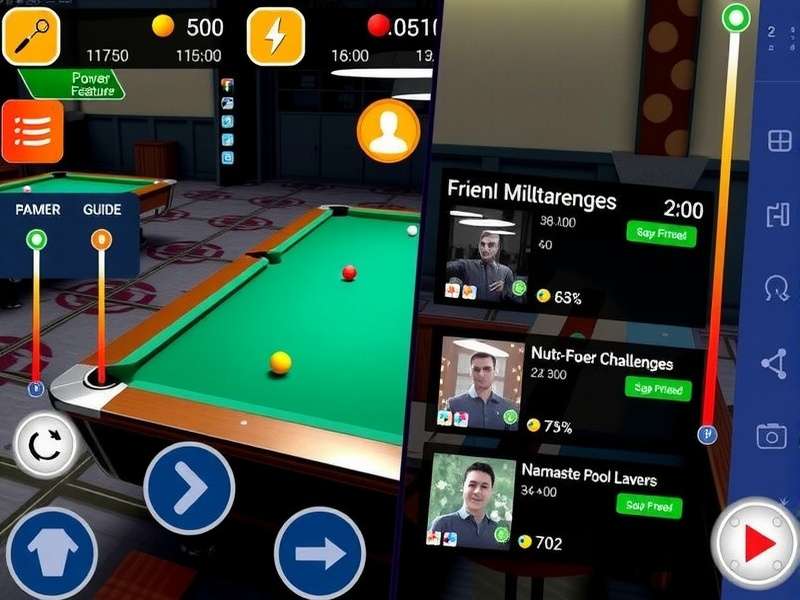 Namaste Pool Star control interface showing aiming guide and power meter