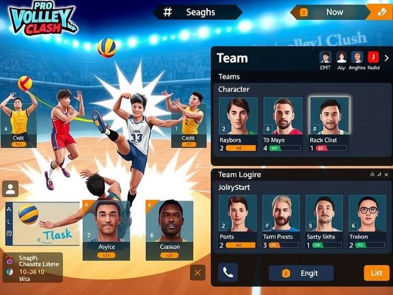 Pro Volley Clash team management interface showing player stats