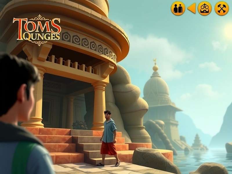 Tom S Ganges Quest gameplay showing character exploring Indian temple