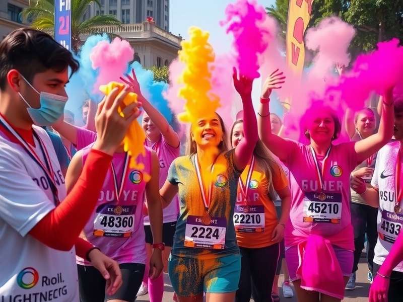 Finishers celebrating at Holi Lightning Run with medals