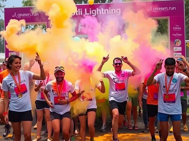 Color station at Holi Lightning Run with volunteers throwing colored powder