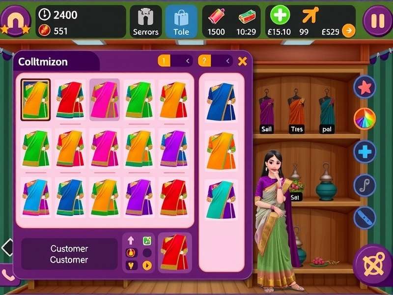 Sari Store Surge gameplay screenshot showing colorful sari collection