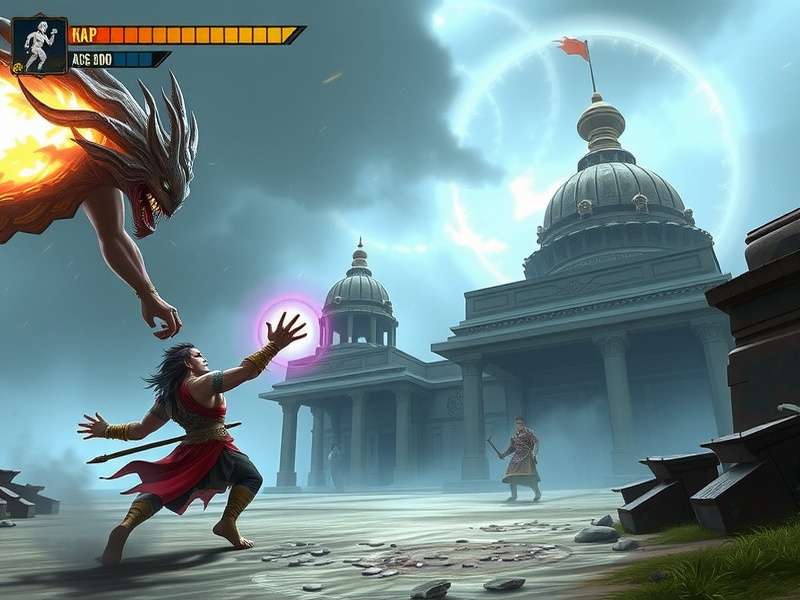 Namaste Nightmare Crusher gameplay screenshot showing protagonist fighting mythological creature
