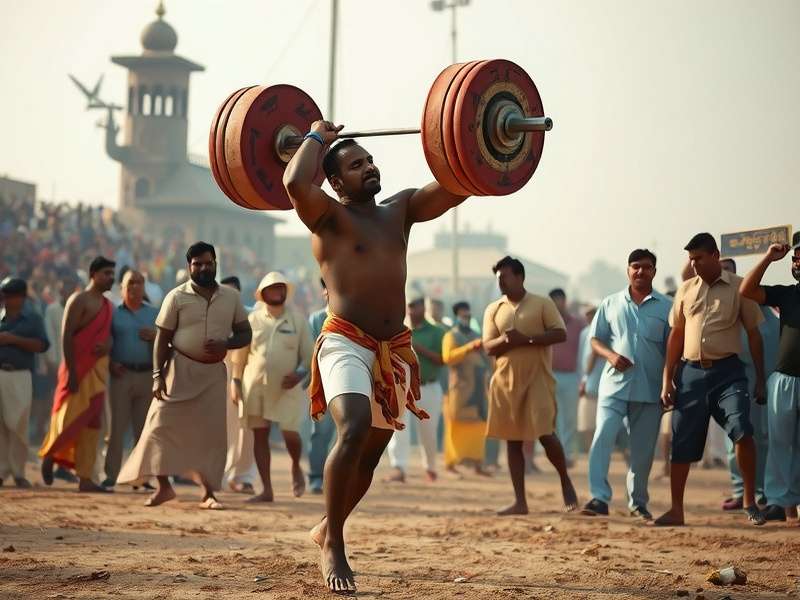 Historical depiction of traditional Indian strongman competition
