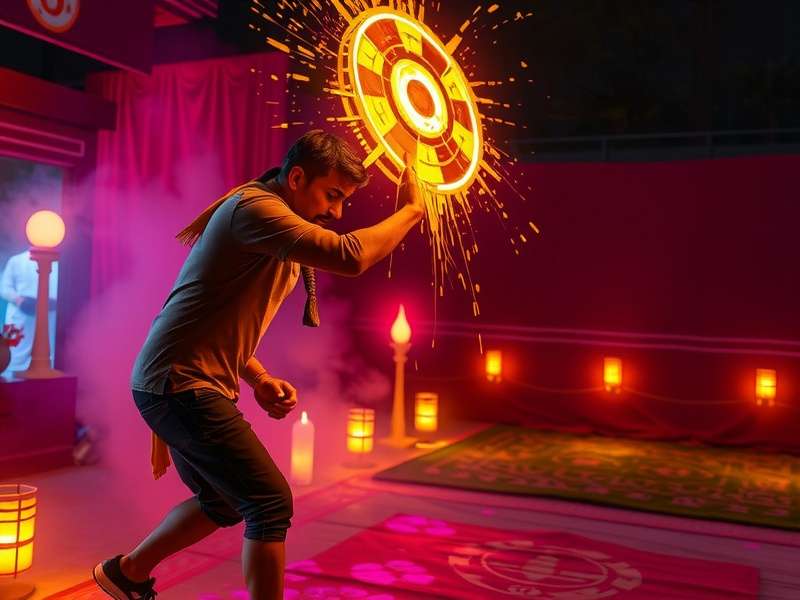 Character interacting with festival elements in Holi Glow Gallivant