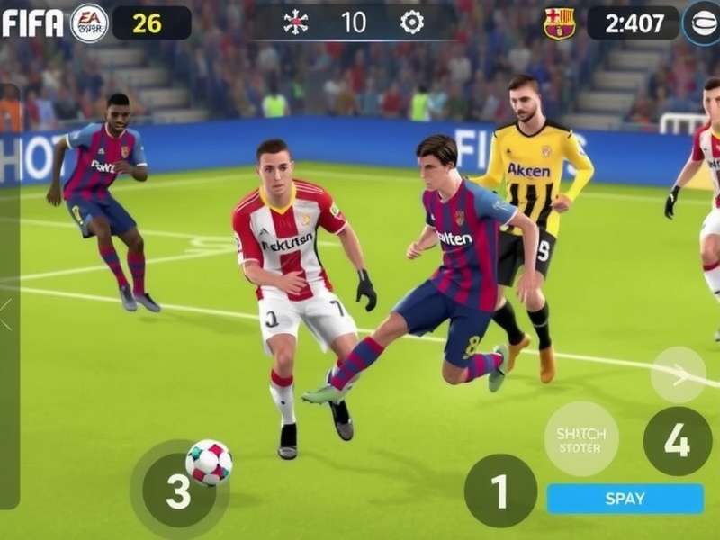 FIFA Mobile 26 gameplay screenshot showing intense match action on a mobile device